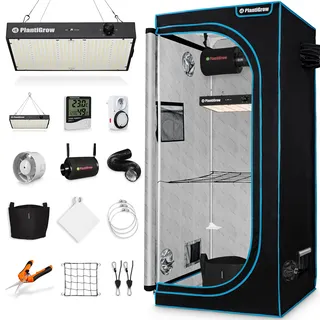 plantigrow Growbox Komplettset – Indoor Gewächshaus mit 150W LED Vollspektrum Dimmbar, Carbon-Filter, Ventilator, Anzuchtzelt, Zuchtzelt - 60x60x180