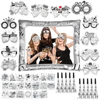 HOWAF Silvester Deko 2025 Silber, Silvester Aufblasbarer Fotorahmen, Silvester Brille 2025 Partybrille Silvester, Tattoos, Tröten für Neujahr Silvester Foto Requisiten, Happy New Year Deko 2025