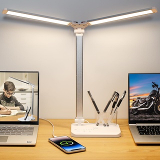 iVict Dual Swing Arm LED Schreibtischlampe, 5-Modi Touch Control Helligkeitsstufen Schreibtischlicht mit 45-Minuten Auto-Off Timer, USB-Ladeanschluss, Speicherfunktion, Stifthalter für Büro