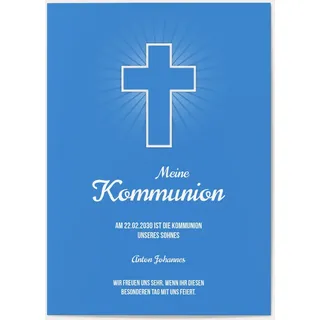 Kommunion Einladungskarten selbst gestalten - Einfaches Kreuz - Blau | Wunderkarten.de