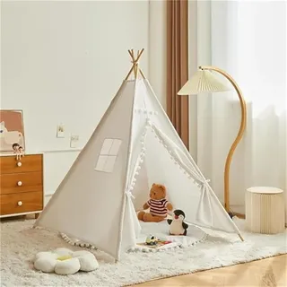 Herfair Tipi Zelt für Kinder, Kinderzelt Indoor mit Filzkugel, Weiß Spielzelt Baumwolle Spielhaus, Kinderzimmer Deko Geschenke, 110×100×100 cm