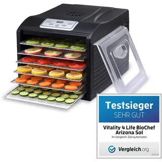 BioChef Arizona Sol Dörrautomat/Dörrgerät mit 6 Einschüben aus Edelstahl PLUS Digitaler Timer + Thermostat, 1 x Anti-Haft Folie, 1 x feinmaschigen Einlegematte, 1 x Auffangblech (Schwarz)