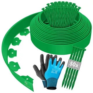 Kesser KESSER® Flexible Rasenkante aus Kunststoff Länge 10m Höhe 5cm, mit 50 Erdanker + Handschuhe, Beeteinfassung Beetumrandung Beetbegrenzung Mähkante Pflastersteine Palisade