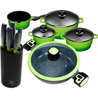 Topf-Set 5-tlg. 3 x Kochtopf + Stielkasserolle + Servierpfanne + Messerblock grün