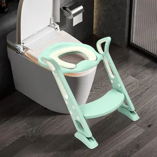 Toilettentrainer mit Treppe,Kinder WC Sitz mit Treppe,Höhenverstellbar Toilettentrainer mit Griffe Faltbar Kindertoilette,Toilettenaufsatz für Kinder ab 1-7 jahre (Grün)