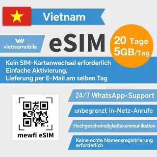 eSIM für Vietnam Reisen, 20 Tage 5 GB/Tag, 4G Hochgeschwindigkeitskommunikationsnetzwerk, Vietnamobile Unbegrenzte Inlandsanrufe, Einfache Aktivierung, 24/7 Whatsapp-Support