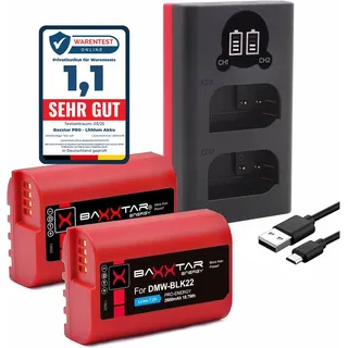 Baxxtar Pro DMW-BLK22-E Akku-Pack (2400mAh) mit Mini LCD Dual Ladegerät (USB-C/MicroUSB) kompatibel mit Panasonic Lumix DC S5 S5D S5K S5-X S5II S5-IIX GH5 GH5-II GH5S GH6 G9