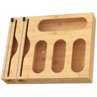 Relaxdays Folienspender 6in1, Frischhalte-, Alufolie, Gefrierbeutel, Bambus, Wand, Schublade, HBT 43,5x33,5x7,5cm, Natur