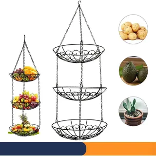 Obstkörbe, Obstschale, Hängekorb 3 Abnehmbare Schichten hängend Metall verstellbar rostfrei Obstkorb Gemüsekorb für Obst und Gemüse - Schwarz