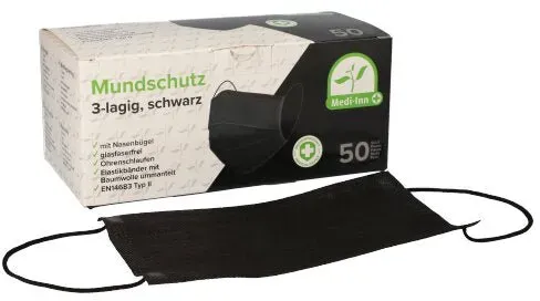 Medi-Inn Mundschutz Atemschutz mit Elastikbändern und Nasenbügel Typ II 3-lagig schwarz 400 x 50 = 20.000 Stück