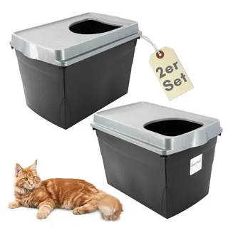 GarPet 2er Set Hop In Katzenklo oben einstieg Katzentoilette geschlossen Top Entry Jump-In XXL Haubentoilette Groß Katzen Klo schwarz Doppelpack