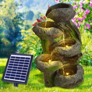 Solar Gartenbrunnen Brunnen Zierbrunnen Zimmerbrunnen Springbrunnen Brunnen mit LED-Licht und Li-Ion-Akku Wasserfall Wasserspiel (Solar Gartenbrunnen BAUMSTUMPF & STEINSCHALEN)