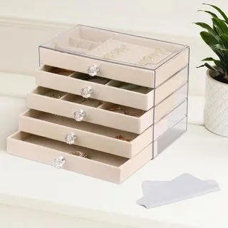 Vandicka Schmuckkästchen 5 Ebenen, Schmuckkasten groß, Schmuckschatulle für Mädchen, Schmuckbox Damen, 23.5 x 13.5 x 17.5 cm, für Ohrringe, Halsketten, Ringe, Geschenk Hochzeit, Beige