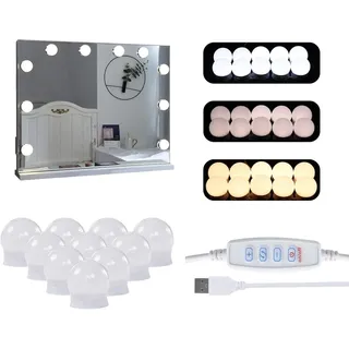 Ofcasa LED Spiegelleuchte 3 Lichtfarben Hollywood-Leuchten mit Schalter, LED wechselbar, Farbwechsler, einstellbare Helligkeit, Schminktische Leuchte, USB-Kabel Spiegellampe