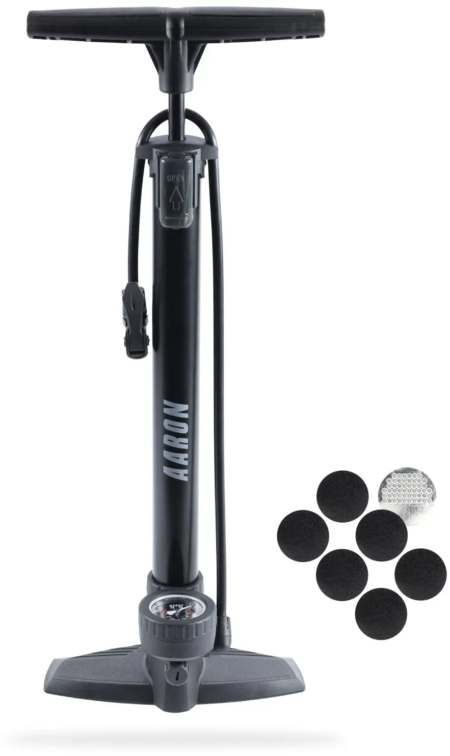 AARON AIR+ Standpumpe mit Manometer mit Ball-Aufsatz und Repair Kit, Schwarz
