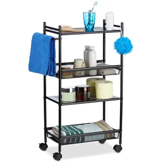 Relaxdays Rollregal schmal aus Metall, 4 Etagen Nischenwagen für Büro, Standregal mit Rollen HxBxT: 81x25x50 cm, schwarz