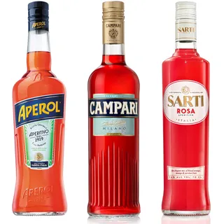Aperol Aperitivo, 11% - Italiens Nr. 1 Cocktail (1 x 0,7 L)| Campari Bitter Aperitif 25% (1x 0,7 L)| Sarti Rosa - Premium Frucht-Likör - als Spritz, Mango und Maracuja, 14% (1 x 0,7 l)