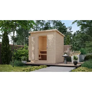 Karibu Gartensauna Saunahaus Hyun Aktionsangebot naturbelassen Energiesparende Saunatür mit Glaseinsatz 9 kW Ofen finnisch inkl. Steuergerät Classic inkl. gratis Saunaofen im Wert von 599,99 €