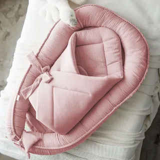 PALULLI® Set 2in1 Babynest und Einschlagdecke, 100% Musselinn, Baby Nestchen Set, Babynestchen - Baby Erstausstattung Babynestchen Neugeborene, Babynester Junge - mädchen (Rosa)