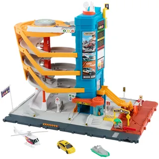 Mattel Europa B.V. Matchbox Spielzeugautos und Spielset, Transport-Center mit 5 Etagen, von Kindern und Autos aktivierbare Funktionen, enthält Taxi, Boot und Hubschrauber im Maßstab 1:64 sowie Essensverkäufer-Accessoire
