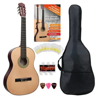 Classic Cantabile AS-851 1/2 Konzertgitarre Starter Set (Komplettes Anfänger Set mit Klassik Gitarre, Gigbag Tasche, Nylonsaiten, Lehrbuch/Schule, 3x Plektren und Stimmpfeife)