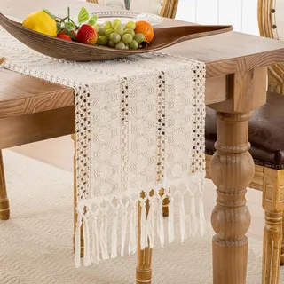 Serento Beige Makramee Tischläufer Boho Vintage Bauernhaus Landhausstil Tischläufer Rechteckige Häkelspitze Mesh Quasten Küche Tischdecke 30x180cm für Urlaub Party Hochzeit Dekor