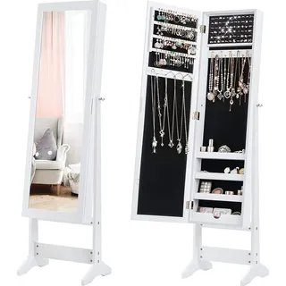 Costway Schmuckschrank neigungsverstellbar, Schmuckregal mit Ganzkörperspiegel, Schmuck Spiegelschrank mit 64 Ohrringschlitzen, 20 Halskettenhaken,