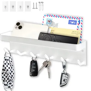 Echehi Schlüsselhalter mit 6 Haken, Einfach zu Installierende Schlüsselbrett Ohne Bohren, Metall Schlüsselablage, Garderobe, Briefständer, Geeignet für Eingangsbereiche und Hinter Türen. Weiß