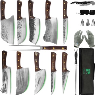 FULLHI 17pcs tragbare Metzger-Messer-Set mit Carving Fleisch Gabel Küchenmesser-Set mit Tasche High Carbon Steel Kochmesser Fischmesser für Küche, Camping, BBQ (17 Stück)