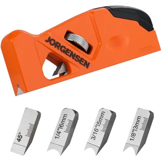 JORGENSEN Kantenhobel Holz mit 4 Schneidköpfen 45°/3/5/6mm, Fasenhobel Eckhobel für Holzbearbeitung, einfache Wechsel und Aufbewahrung Handhobel für Tischler, Schreiner, Holzbearbeiter