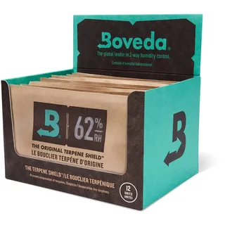 Boveda 2-Wege-Feuchtigkeitsregulierung mit 62% relativer Feuchtigkeit | Größe 67 schützt bis zu 450g Blüten | verhindert den Verlust von Terpenen | wiederverschließbare Verpackung mit 12 Stück