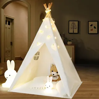 IREENUO Tipi Zelt für Kinder mit Lichterkette, Faltbare Kinder Spielzelte Spielhaus für Mädchen und Jungen, Wigwam Zelt zum Spielen Outdoor Indoor (Weiß)