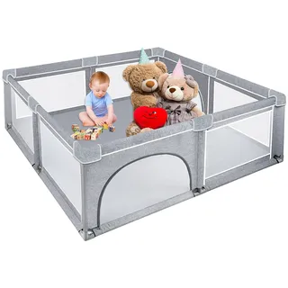 NAIZY Baby Laufstall XXL Laufgitter Grau Absperrgitter mit Rutschfester Basis und Atmungsaktivem Netz für Kinder im Innen- und Außenbereich (200 * 180 * 68cm)