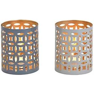 2er-Set Windlichter mit stilvollen Muster aus Metall 2-Fach Sortiert (grau) Ø 8cm x Höhe 10cm – Teelichthalter Kerzenhalter Kerzenständer Tischdeko Geschenkidee