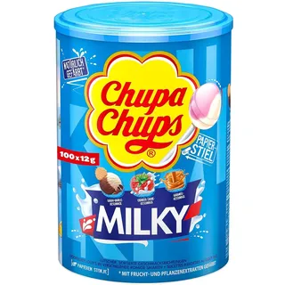 Chupa Chups Milky Lutscher-Dose, praktische Box mit 100 Lollis in 3 cremigen Geschmacksrichtungen Karamell, Erdbeer-Sahne, Kakao-Vanille, geeignet für Geburtstag, 100 x 12g