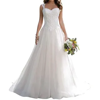 XUYUDITA Langes Hochzeitskleid Spitze Brautkleid A Linie Sweetheart Tüll Hochzeitskleid, weiß, 32 - 32
