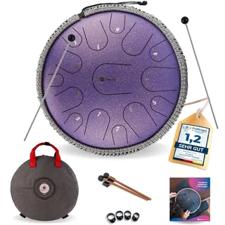 Sonodrum Zungentrommel "Premium" C - Dur in Lila - 35 cm groß mit 15 Tönen - Steel Tongue Drum inkl. Liederbuch, Schlägel, Fingersticks und Tragetasche - Notenlesen nicht nötig, einfach zu spielen.