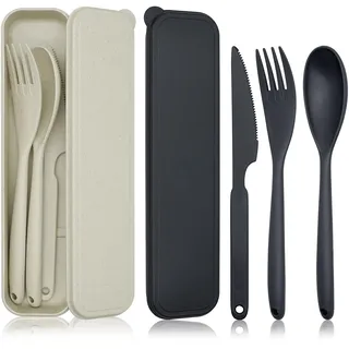 JINGIHE 2 Sets Large Reisebesteck mit Etui, Campingbesteck Set, Wiederverwendbar Outdoor Besteck,Unterwegs Plastik Besteck Messer Löffel Gabel für Lunchbox School Arbeit Picknick(Schwarz+Beige)