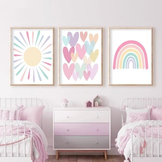 Bilder Kinderzimmer Poster Regenbogen Herzen Boho Wandposter, Bilder Set Junge Mädchen Babyzimmer Kinderbilder, Wandposter Premium, Ohne Rahmen (30x40cm)