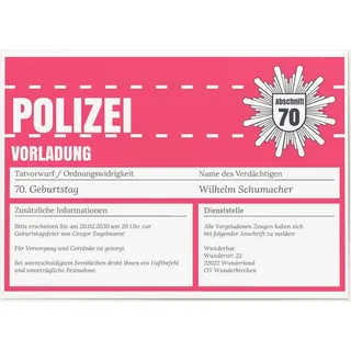 Einladungskarten zum 70. Geburtstag Rosa online gestalten und bestellen - Polizeiliche Vorladung in Rosa | Wunderkarten.de