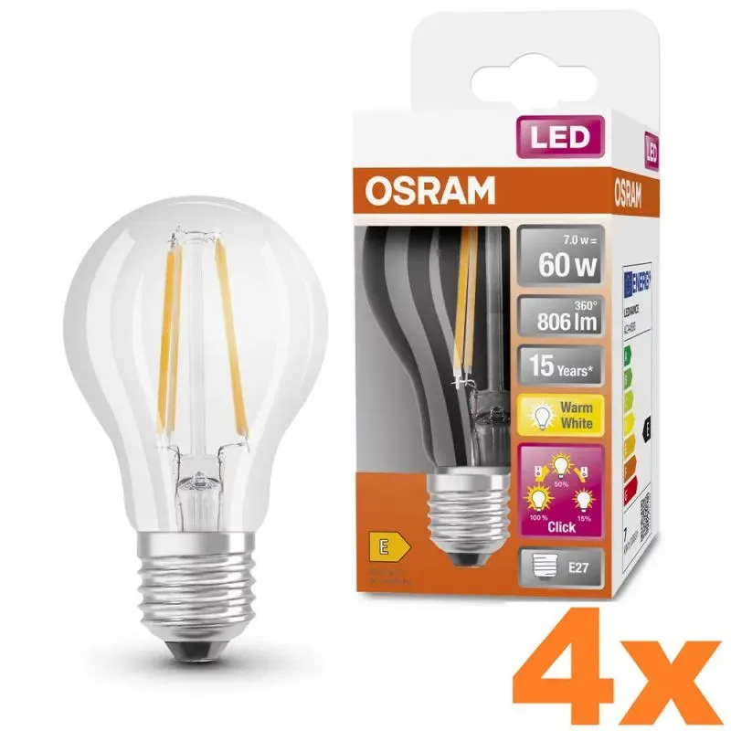 4er Set OSRAM E27 LED 3-Stufen-Dimmen Filament klar 6,5W wie 60W E27 warmweisses Licht