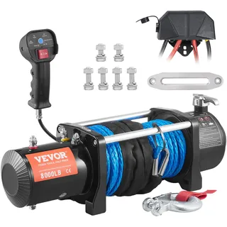 Vevor Elektrische Seilwinde 12V 8000lbs/3629kg Offroad Motorwinde Seilzug Elektrowinde 12-strängiges Nylonseil mit 2-in-1-Controller Schwarz Geeignet für mittelgroße große SUVs LKWs und sogar Yachten