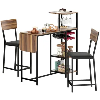 Homcom Bartisch mit Barhocker Set, Bartisch-Set mit 2 Barstühlen, Rückenlehne Klappbar Küchentisch mit Weinglashalter, Weinregal und Ablage, Tresentisch im