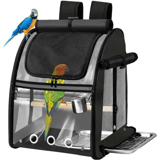 SUERTREE Vogel Transportbox, Reisekäfig mit unzerstörbarem Edelstahlgitter, inkl. Standfuß, leichter & leicht zu reinigender Haustier-Rucksack für Papageien, Nymphensittiche, Wellensittiche, Schwarz