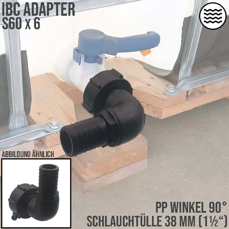 S60 x 6 IBC Winkel 90° Adapter Tülle Stutzen 38 mm 1 1/2 Container Fass Tank Zu..."