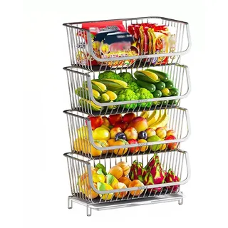 Edelstahl-Obst- Und Gemüseregal Auf Der Arbeitsplatte, 2-Stufiger Stapelbarer Obstkorb Gemüse Aufbewahrung , Obstkorb, Aufbewahrung, Gemüseregal, Brotständer for Küche, Silber Obst- und Gemüseregal (