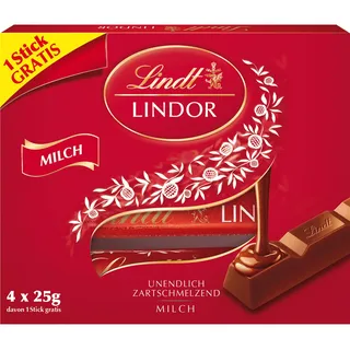 Lindt Schokolade | LINDOR Sticks Milch, Promotion | 100g | 4 LINDOR Sticks Milch mit zartschmelzender Füllung | Schokoladen-Stick