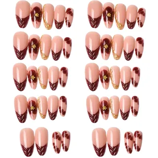 Softgel Doonail-s press on nails starter set, Press On Nails Almond, Doonail-s press on nail extra short,D-Goldstreifen-Perlendesign, 30 Nail Kit,ohne UV-Licht (Blumen-Kunstnägel)