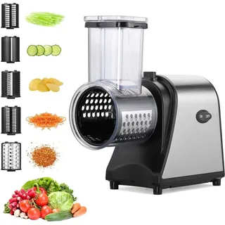 5 in 1 Elektrischer Gemüsehobel, 550W Automatisch Gemüseschneider mit großer Schneidtülle, 5 Kegel-Klingen, Edelstahl Multifunktionsreibe Gemü...