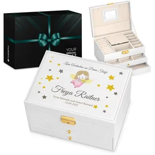 Maverton 3-stöckiges Schmuckkästchen mit Aufdruck - abschließbare Schmuckschatulle mit Spiegel & 2 Schubladen - funktionale Schmuckbox für Mädchen zur Geburt Taufe Erstkommunion - Weiß - Sterne